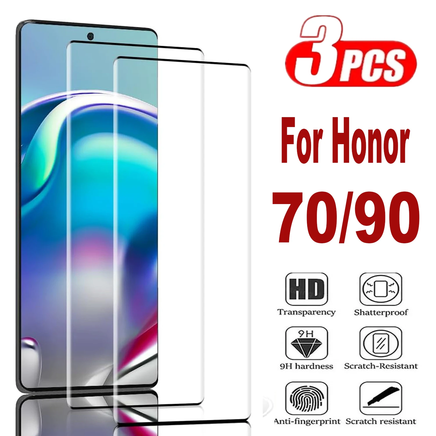 3Pcs Tempered Glass For Huawei Honor 70 90 3D Curved Screen Protector Glass Film