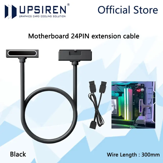 สายต่อเมนบอร์ด UPSIREN 24 พิน, สาย ARGB สำหรับพีซี พร้อม 5V 3 พิน, ดีไซน์มุมฉาก 90 องศา หัวต่อแบบตัวผู้-ตัวเมีย 1
