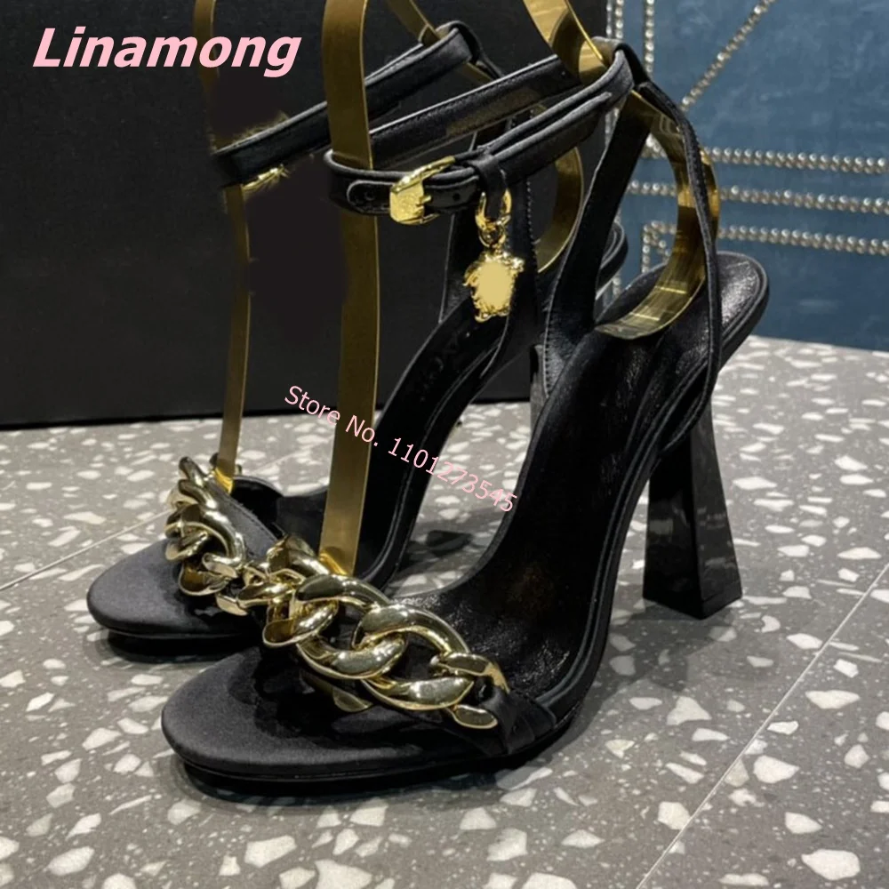 Round Toe Luxury Design Sandals 2024 Summer New Women Solid Thin High Heel Leather Sexy Luxury Metal Chain Wedding Party Shoes