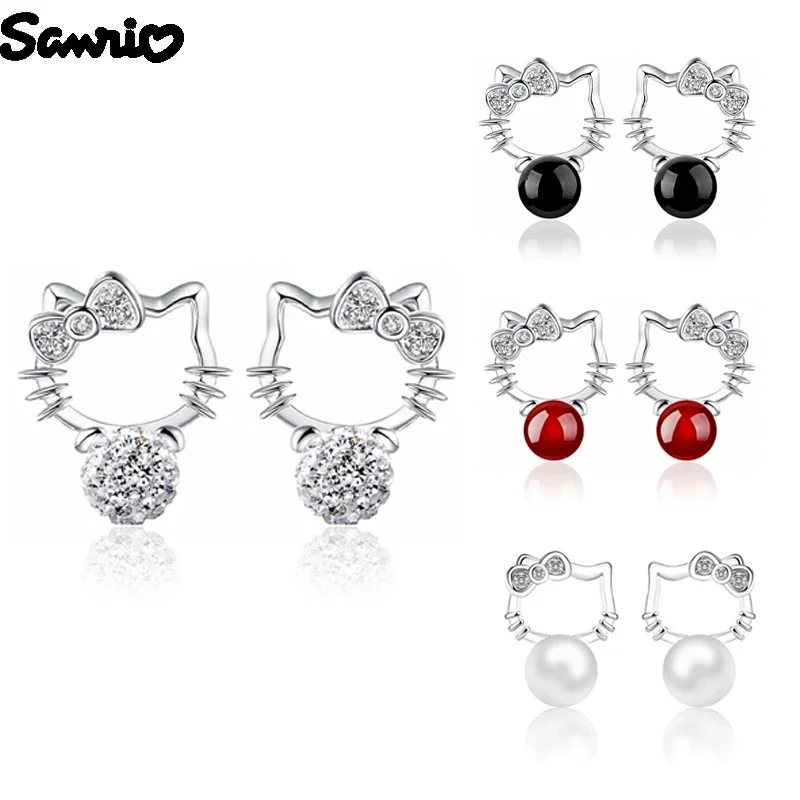 

Sanrio Kawaii Hello Kitty Earrings Women Compact Simplicity Fashion Silver Plated Earrings Full Diamond Ball Cat Earrings Gift