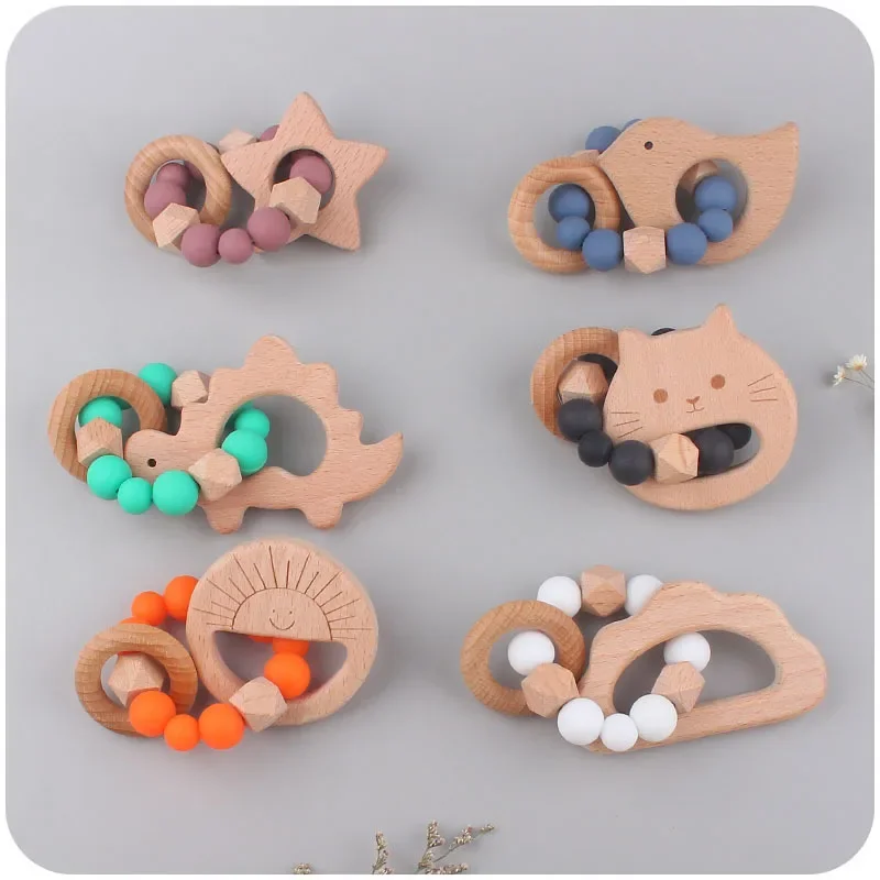 Baby Pacifier Clip Wooden Teethers Bracelet Set Silicone Beads Infants Teething Toy Anti-lost Chain Cartoon Star Cloud Cat pacifier clip