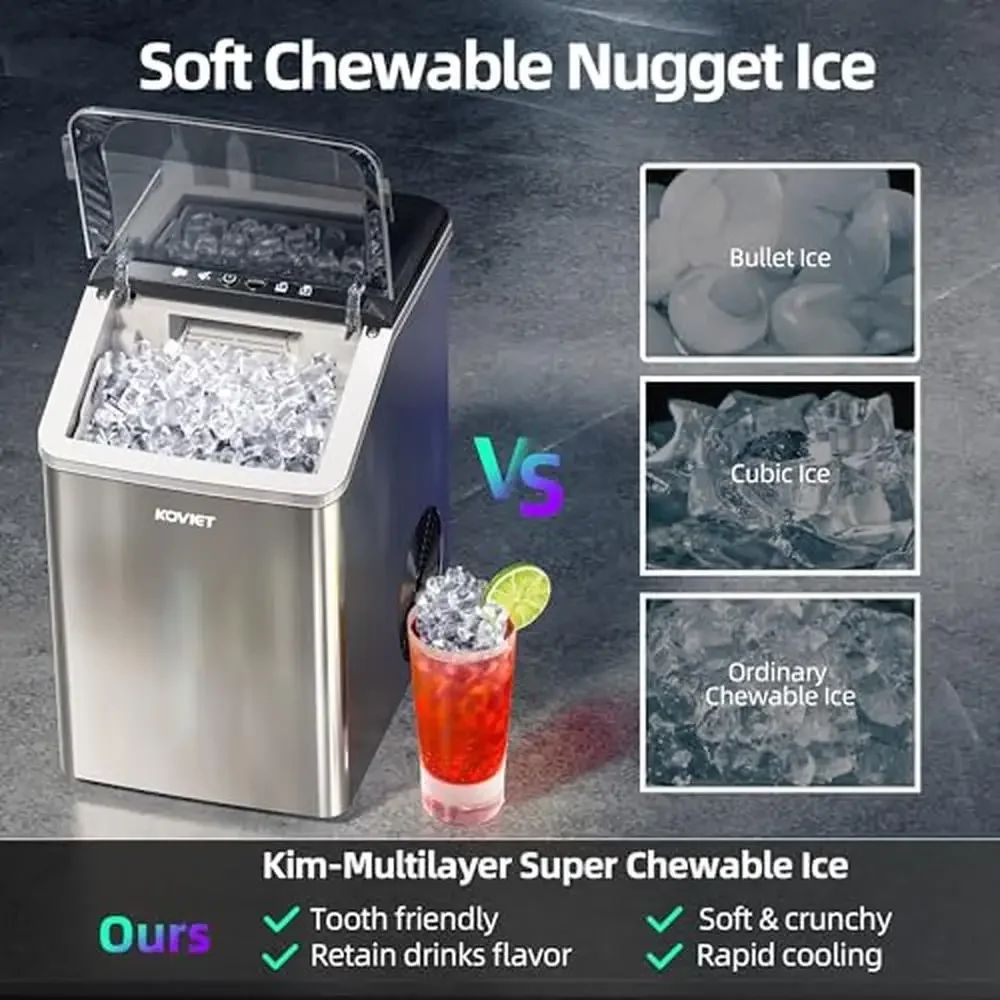 Compact Nugget Ice Maker 40lbs/24H Soft Chewable Ice Machine Drainpipe Self-Cleaning Easy Operation Integrated Kitchen Design 3