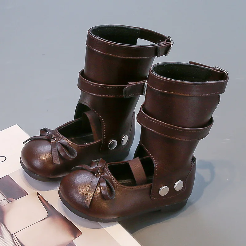 Girls Leather Autumn Boots Flat Shoes with Bowknot