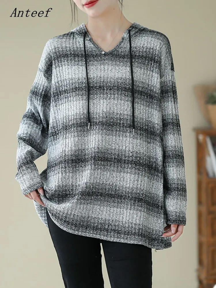 

knitted oversized vintage stripe hoodies casual loose women spring autumn pullover sweatshirts 2023 hoodie tops