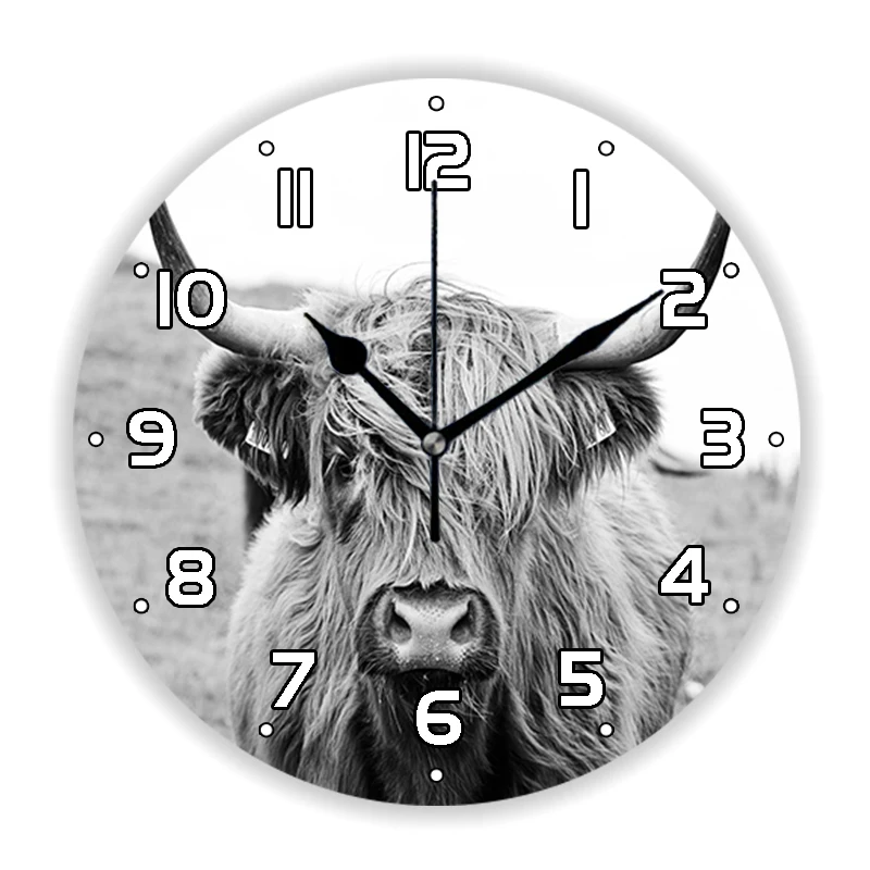 

Nordic Portrait of A Highland Cow Wall Art Wildlife Highland Cattle Cow Wall Clock Watch for Living Room Kitchen Home Decor Gift