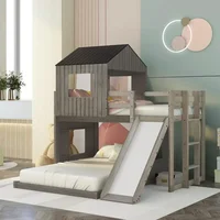 House Bunk Beds Twin Over Full Size, Wood Bunk Beds with Roof and Window Distressed Grey, Twin Over Full with Slide 1