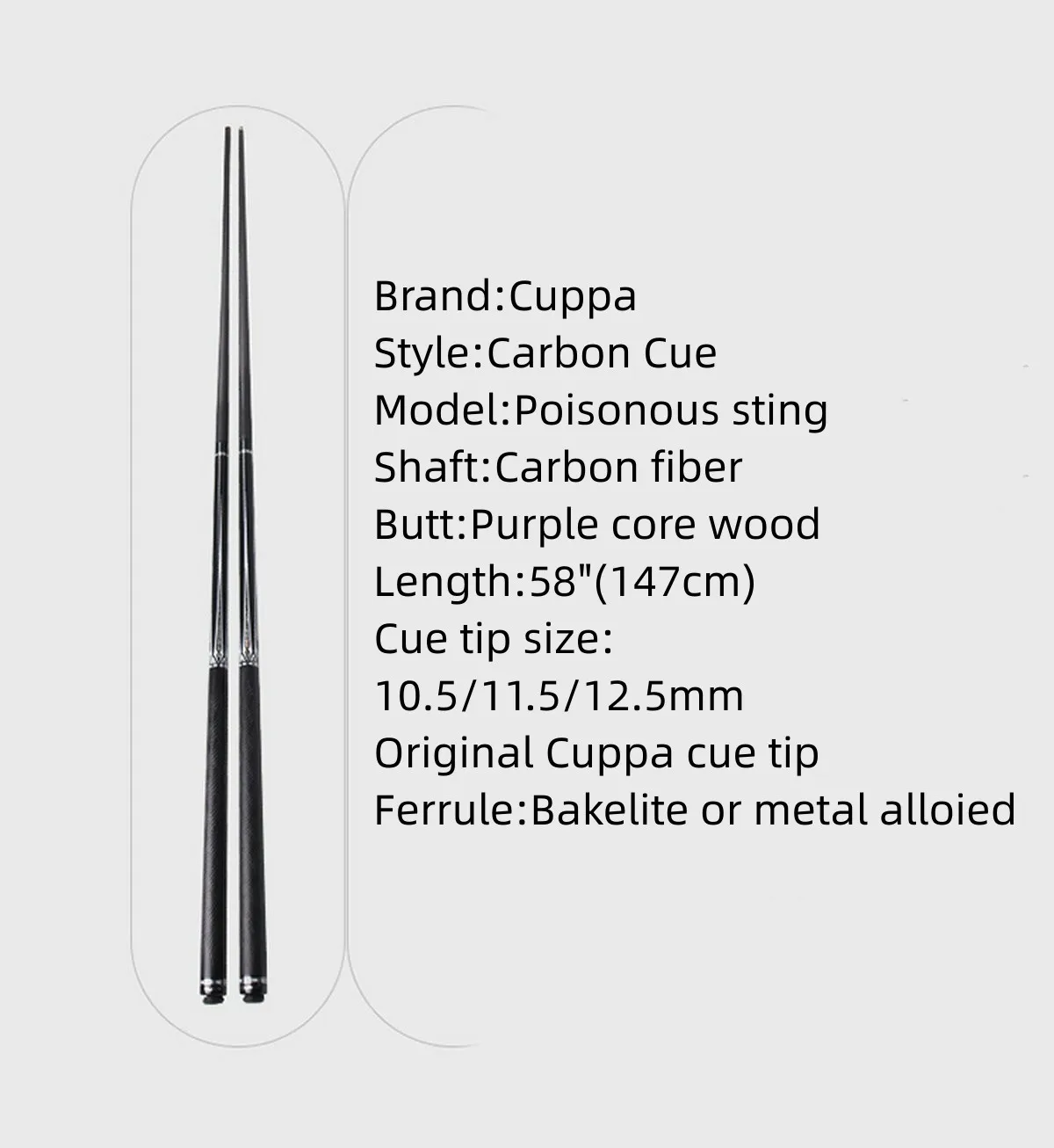 Cupa 유독 스팅 탄소 섬유 당구 큐 스틱, 10.5mm, 11.5mm, 12.5mm