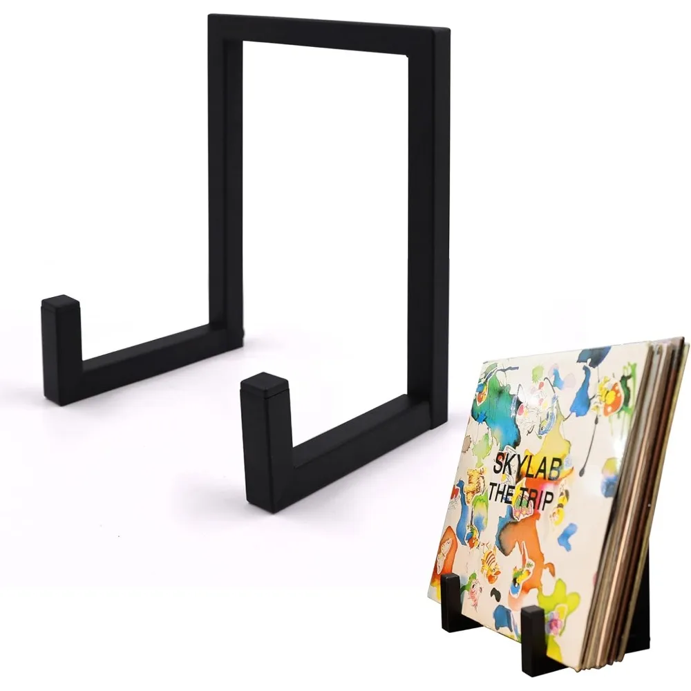 Black Metal LP Record Stand, Desktop Vinyl Display Holder & Storage Shelf for Home Office Multi-Functional Album/CD Storage Rack