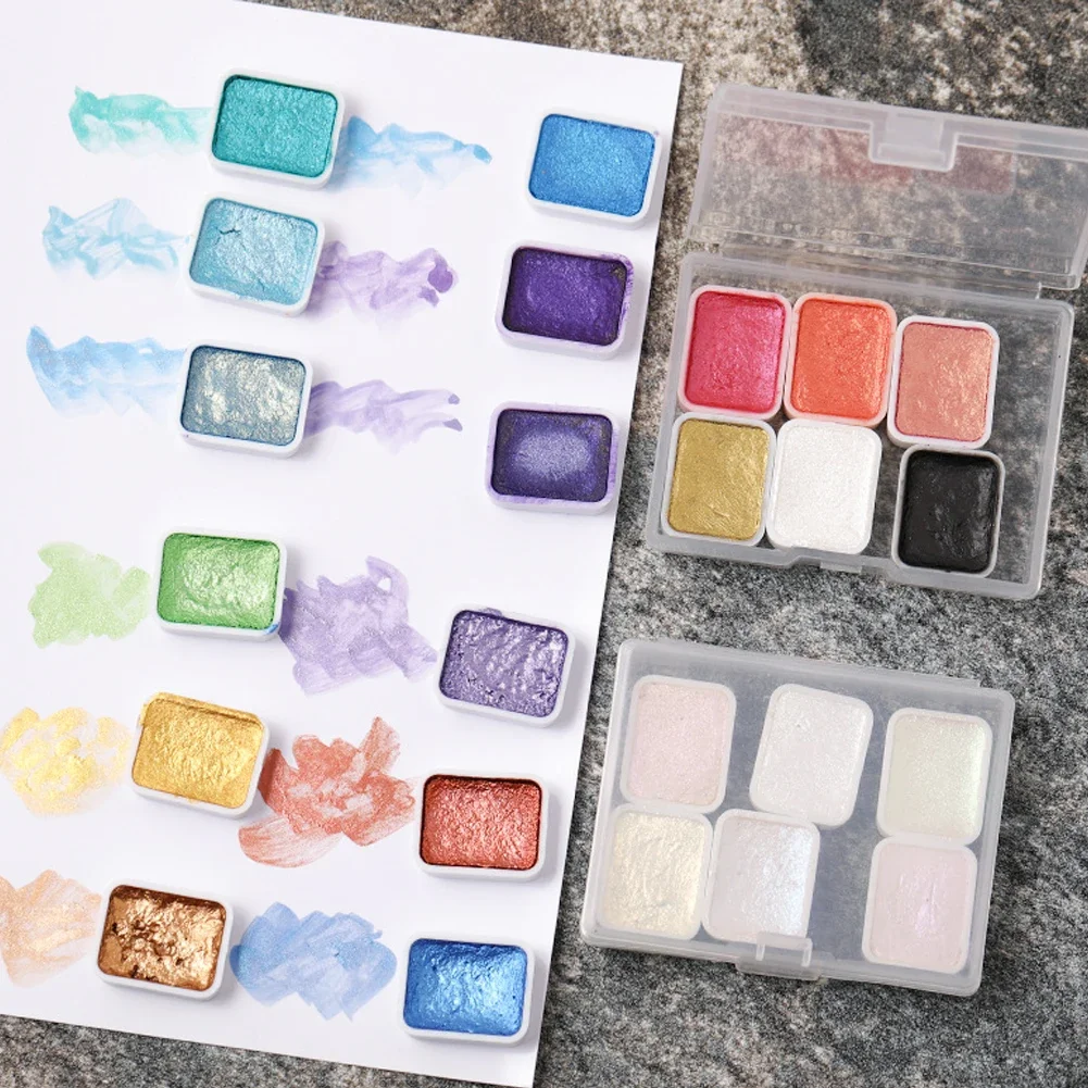 Watercolor Painting Set Watercolor Paint Watercolor Pigment 6Color Shimmer Solid Watercolor Set Retro Painting Pearlescent Metal Candy Colors for Art Painting Drawing Nail Design