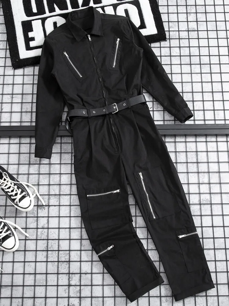 Overalls Set Men Lovers Cargo High Street Solid Color Loose Full Sleeve Zipper Straight Pants M-2XL