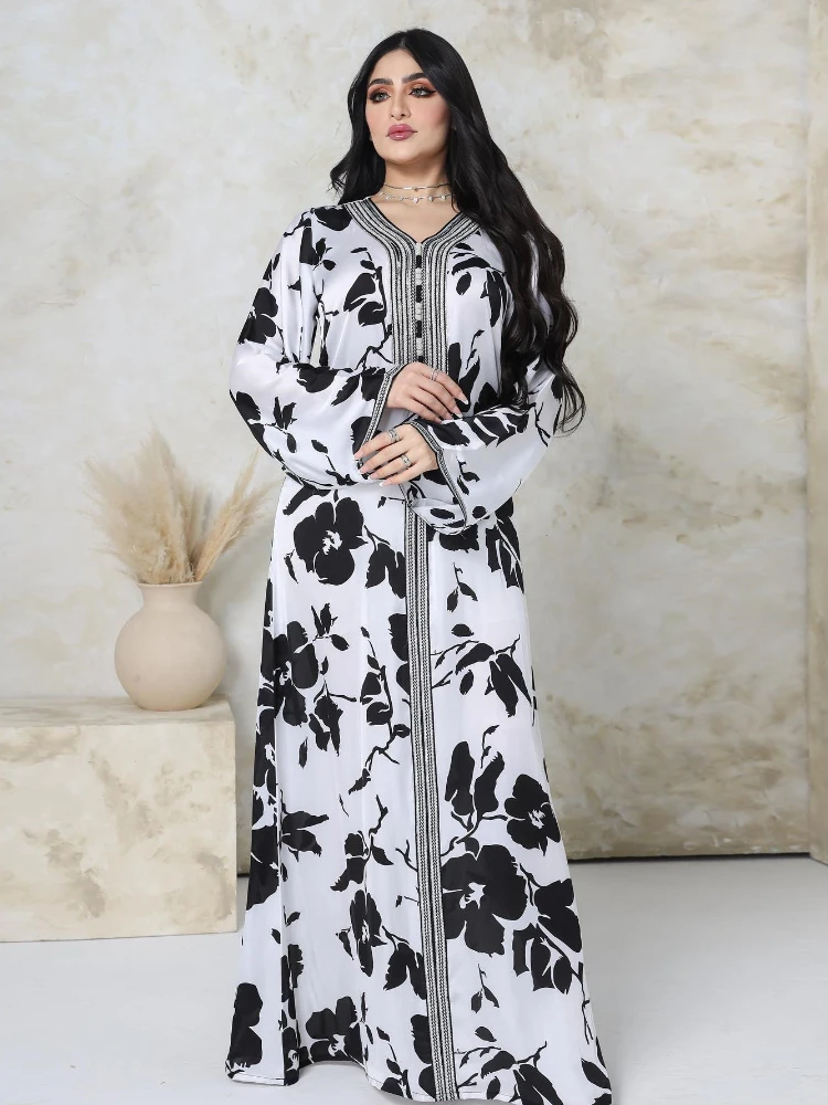 

New Summer Women Abaya Print Long Dress Flower V Neck Turkey India Muslim Caftan Abayas Party Night Elegant Maxi Vestidos 2023