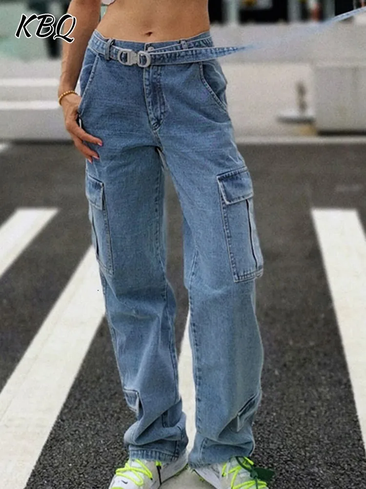 KBQ Patchwork Belt Hollow Out Floor Length Jeans For Women High Waist Spliced Pockets Streetwear Straight Denim Pants Female New