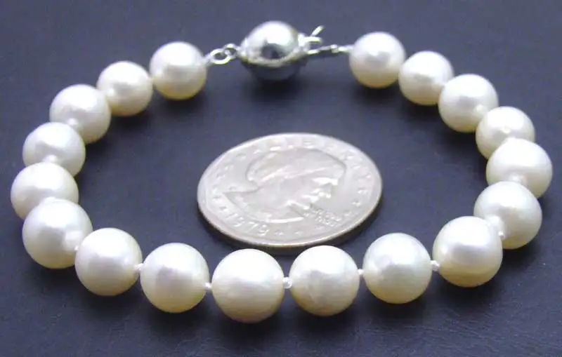 Qingmos 9-10mm Round Super Luster Natural Freshwater White Pearl Bracelet for Women Jewelry 7.5