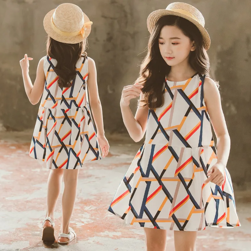 

2023 new Summer Girl Long T-shirt Kids teens Dresses New Children short Sleeve chiffon Dress