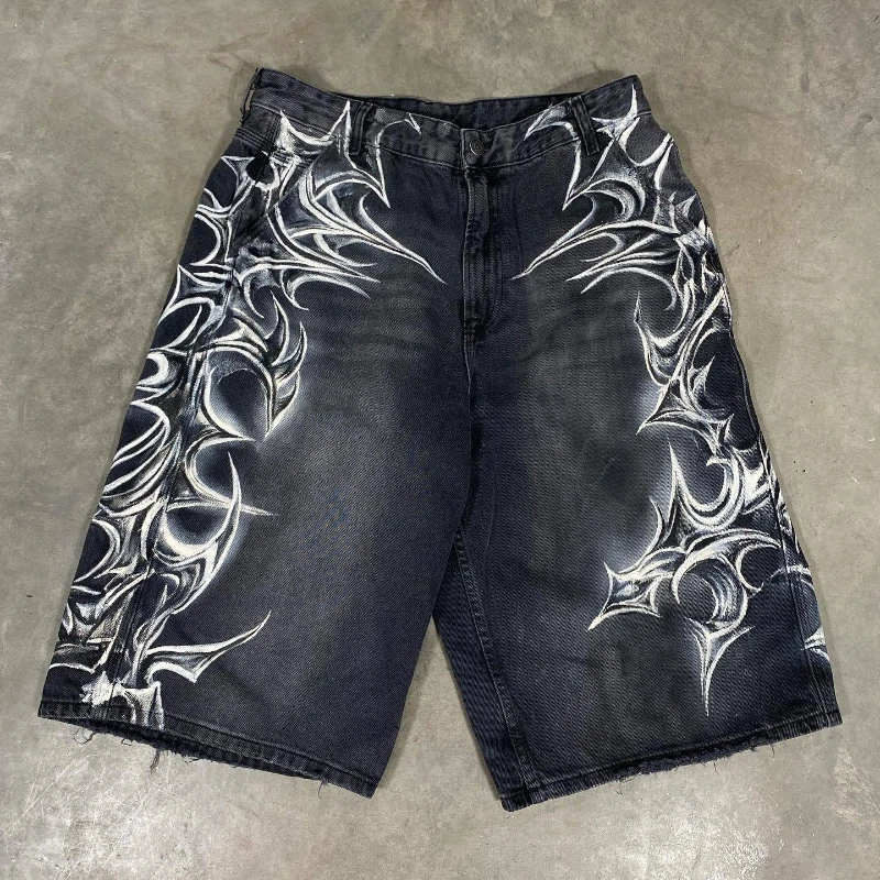 Mens Shorts Gothic Print Vintage Denim Harajuku Unisex Loose Fit Hip Hop Streetwear Summer Five Length Casual Fashion Trend New - 6