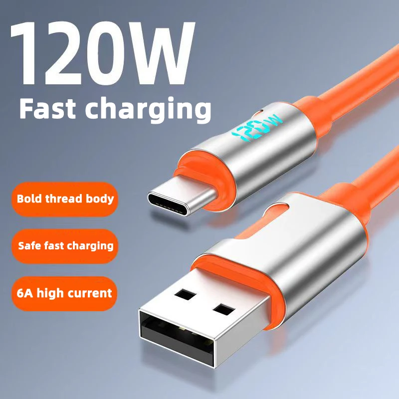 Cabo USB C de 120W 6A com carregamento rápido PD para celular, cabo de dados para iPhone, Samsung, Xiaomi, Huawei, cabo de carregamento rápido tipo C.