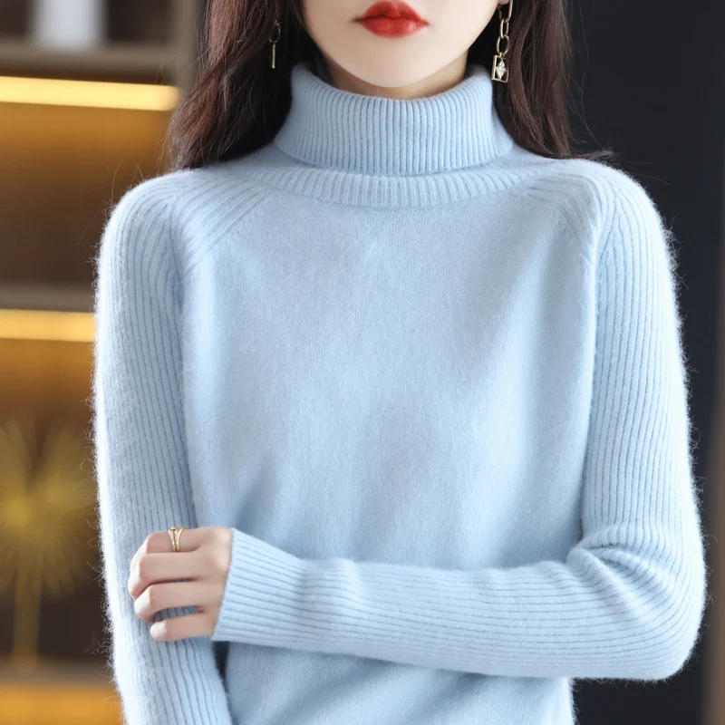 여성용 100% 밍크 벨벳 스웨터, 터틀넥 니트 풀오버, 부드럽고 따뜻한 단색 상의, 한국 버전, 가을 및 겨울 신상