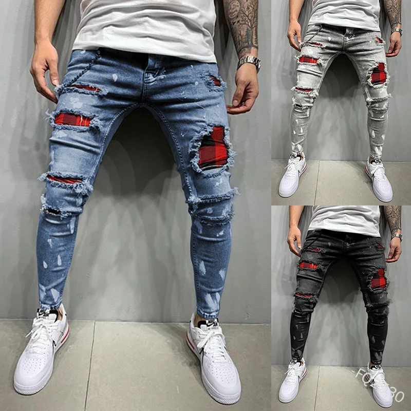 

New Men Street wear Ripped pants BlackSlim-fit Denim fabric Three-colour Penci l Stretch Casual pants Skinny K-pop men's jeans