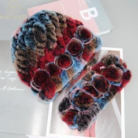 New Fashion Real Fur Hats Scarves Sets Women Winter Knitted Real Rex Rabbit Fur Hat Scarf Ladies Natural Fur Hats Mufflers Sets 1