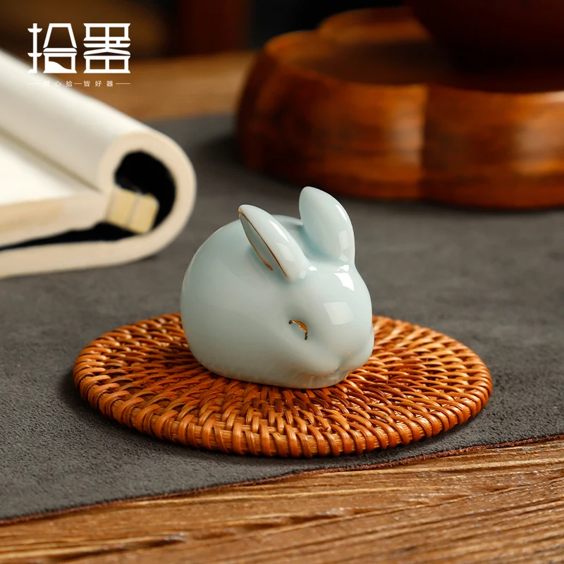 Ru Kiln open piece Jade Rabbit cute rabbit tea pet decoration piece boutique can raise ceramic tea play pen holder, tea pet ornaments