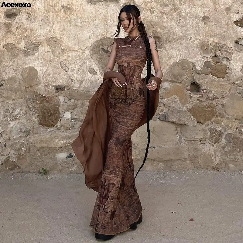 

2023 summer new women's fashion casual temperament slim round neck sleeveless print hollow-waisted dress