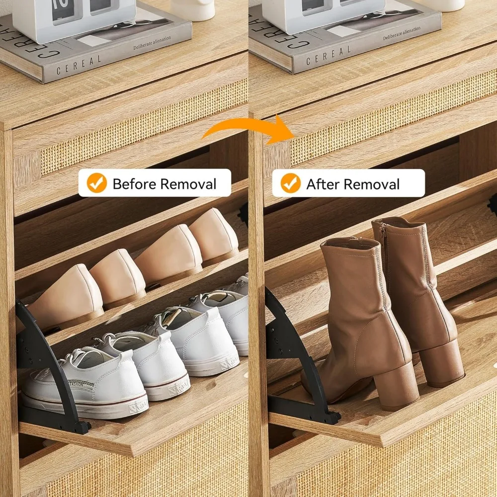 2 Flip Drawers Shoe Storage Cabinet with 1 Drawer, Rattan Shoe Organizer with Metal Legs, Shoes Cabinets 5