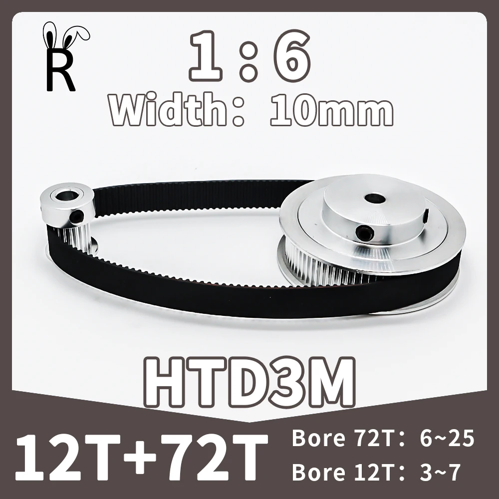 

12T 72Teeth HTD 3M Timing Pulley Belt Set Belt Width 10mm Bore 3~25mm Reduction 1:6 Synchronous Wheel Deceleration 3M Pulley Kit