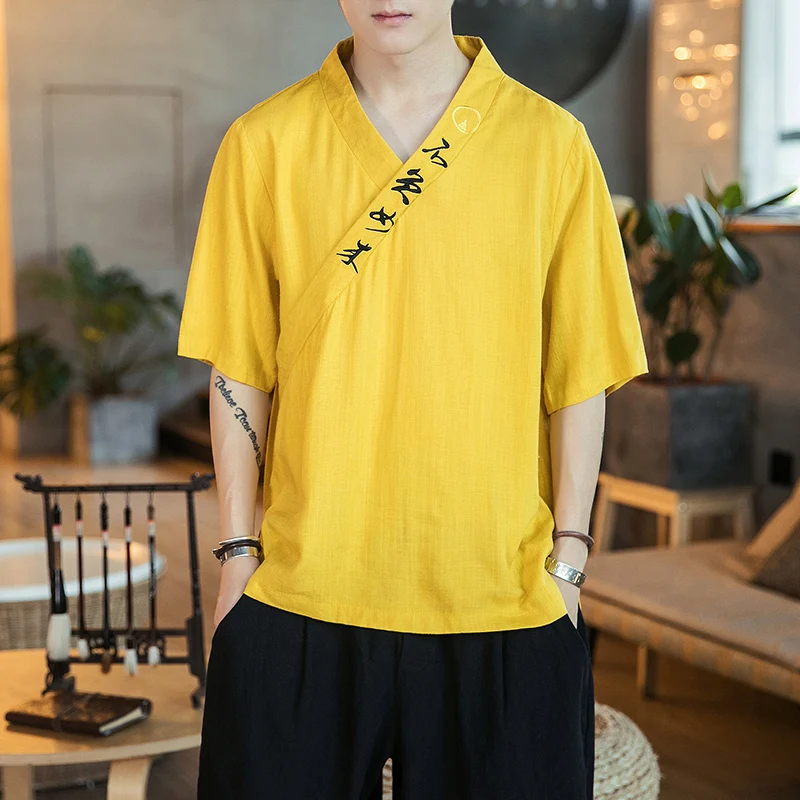 

2023 Summer Chinese Style Shirts Antique Linen Big Literary Leisure Loose Big Yard V-neck Collar Short Sleeve T-shirt