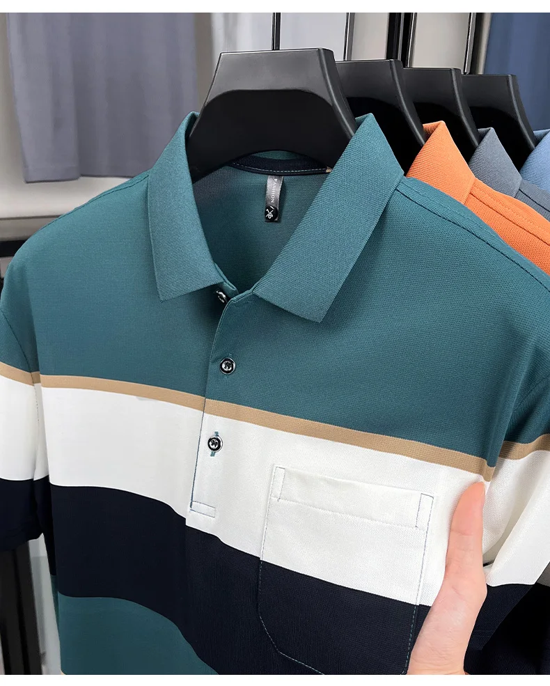 Fashion luxury striped short sleeve polo shirt summer new trend pocket design comfortable breathable Korean casual golf T-shirt 18 S04d0e3eab9af4ad39aa50a511f30c089A