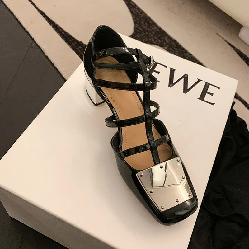 

2022 Summer Sandals Women Square Toe Cover Heel Gladiator Modern Sandals Split Leather Chunky Heel High Heels Roman Women Shoes