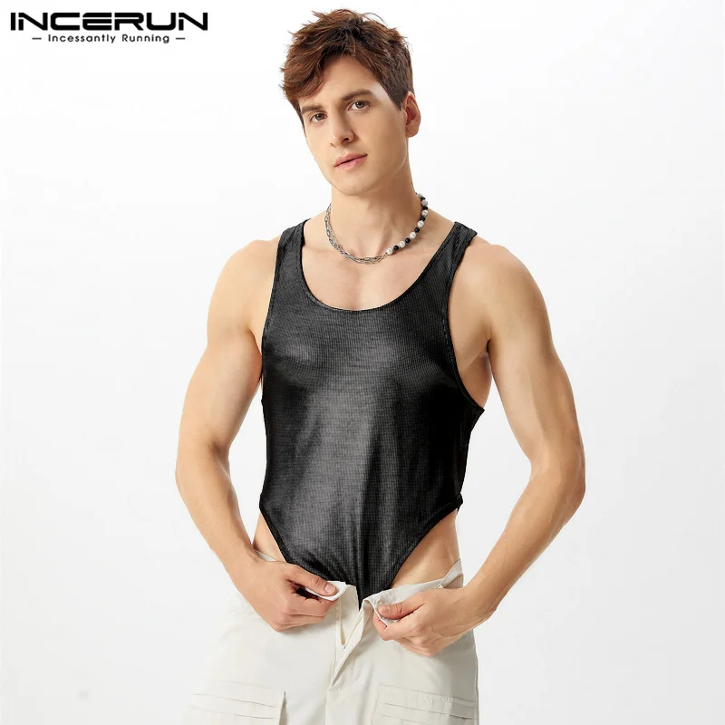 INCERUN Men Bodysuits Sequin O-neck Sleeveless Fitness Sparkling Sexy Rompers Tank Tops Men Streetwear Male Bodysuits S-5XL