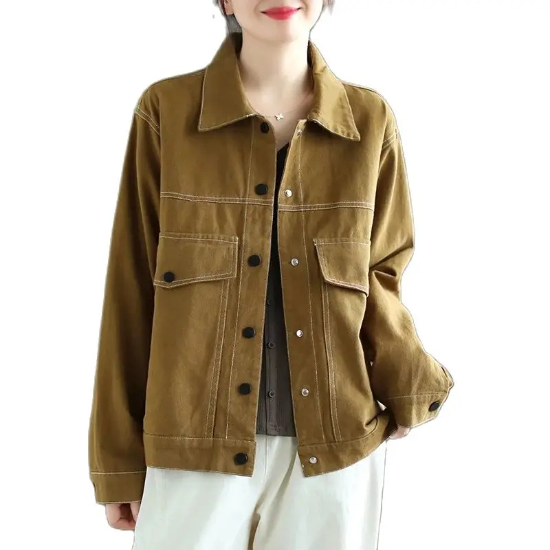 

Women Casual Short Jackets 2022 Spring Autumn Period New Vintage Style Solid Color All-match Loose Female Outerwear Thin Tops
