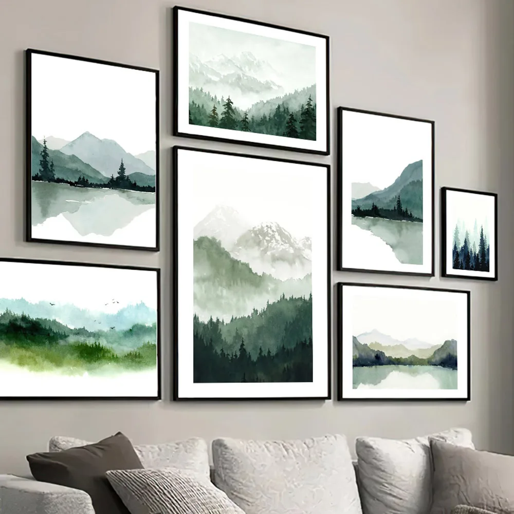 Canvas wall art Oil painting wall art Foggy Mountain Misty Forest Pine Sage Green Wall Art Canvas Painting Nordic Poster And Prints Wall Picture for Living Room Decor