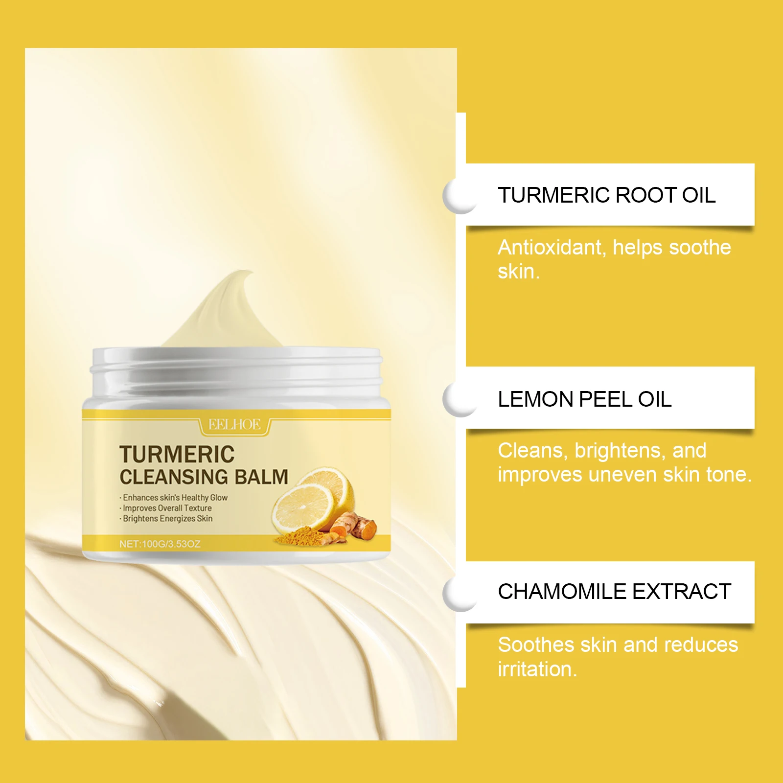 Ginger Lemon Makeup Remover Cleansing Facial Non-Tightening Gentle Makeup Face Eye Lip Makeup Remover Turmeric Cleansing Balm 3