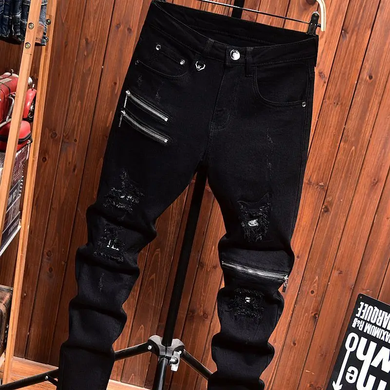 2025 Jeans Men's Spring Autumn Versatile Korean Black Elastic Slim Small Feet Zipper Pants Autumn Cowboy Man Pants Design Jeans 4