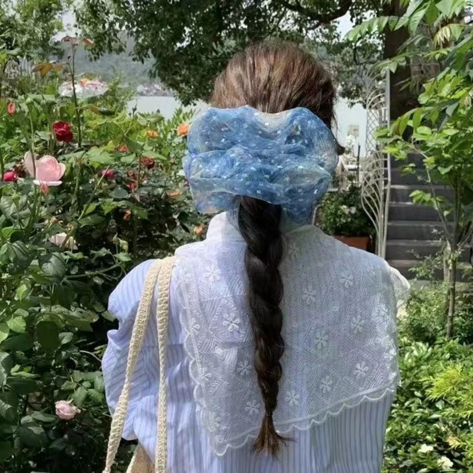 1PC Blue Organza Scrunchie, Sheer Hair Accessory with White Patterns, Great for Creating Elegant Braided Styles