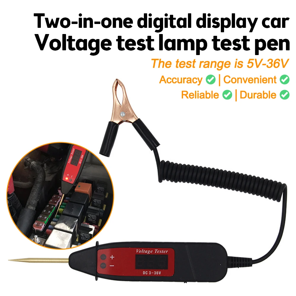 

5-36V 1.65m Spring Line Car Digital LCD Electric Voltage Test Pen Probe Detector Tester With LED Light For Auto Car Testing Tool