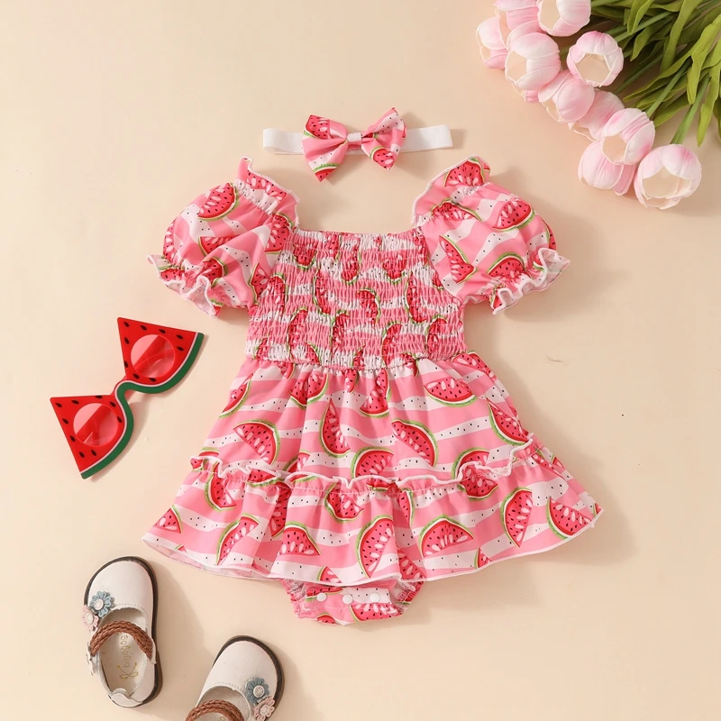 

Летнее Повседневное платье-комбинезон Lioraitiin для маленьких девочек, комбинезон с коротким рукавом, открытыми плечами, принтом арбуза и повязкой на голову, 2024-05-10