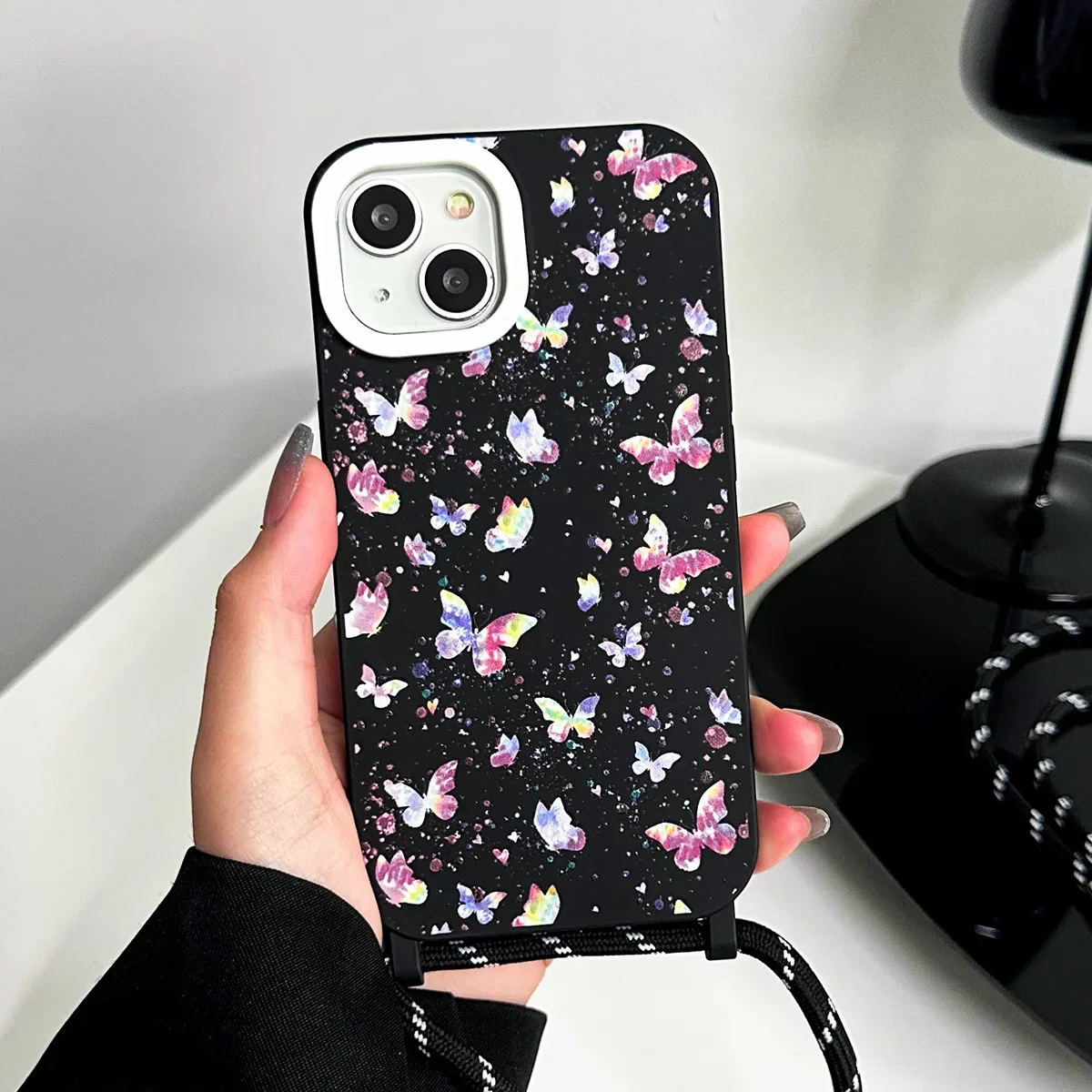 Nuovo Adatto Per Iphone 14 Butterfly Black Matte Case Apple 13Promax 12Pro 11 Crossbody Strap Xs Xsmax Xr 8Plus Cover Protettiva