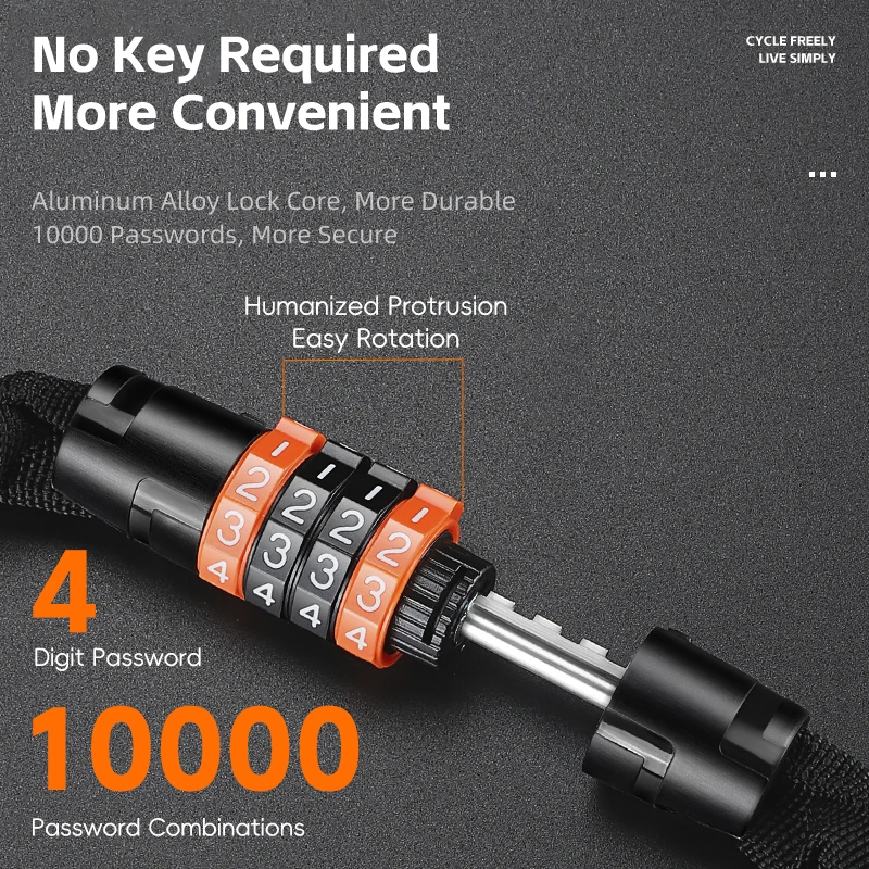 WEST BIKING Bicycle Lock 4-Digit Password Anti-theft Bike Chain Lock Thickned Motorcycle Scooter E-bike Lock Bike Accessories