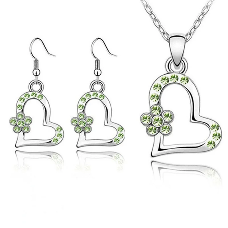 3pcs/set Jewelry Set Women Cute Heart Necklace Silver Plated Diamond Crystal Pendant Bride Earrings - Image 5