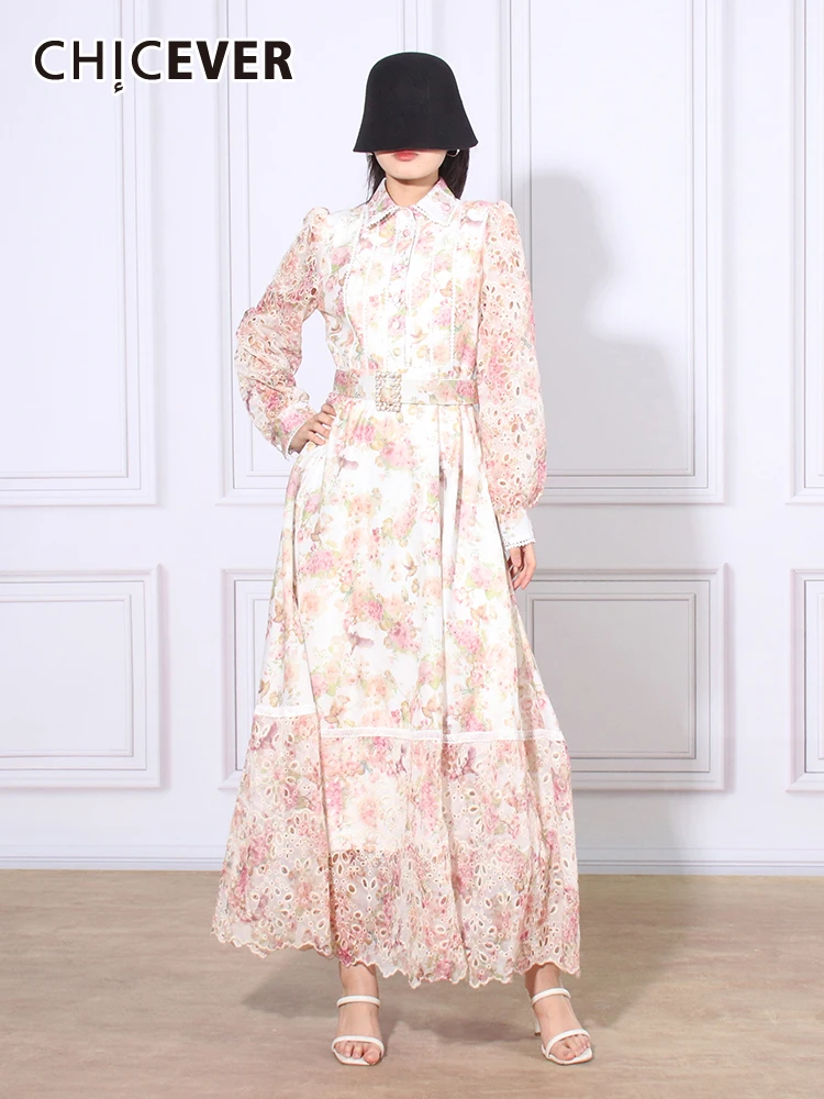 

CHICEVER Elegant Printing Midi Dresses For Women Lapel Long Sleeve High Waist Patchwork Belt Hit Color Hollow Out Dress Female