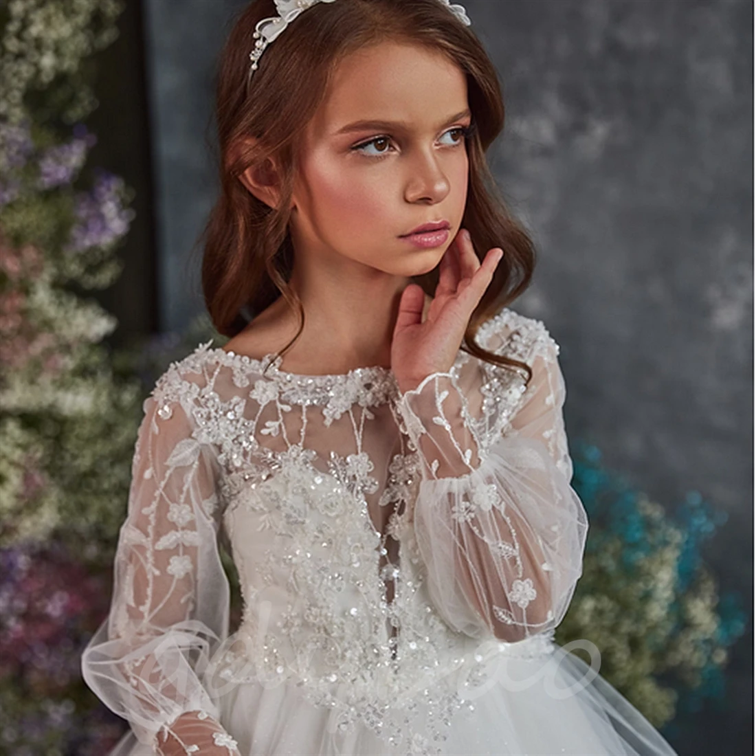 

White Tulle Puffy Flower Girl Dress For Wedding Beading Sequins Full Sleeve First Communion Evening Party Pageant Prom Ball Gown