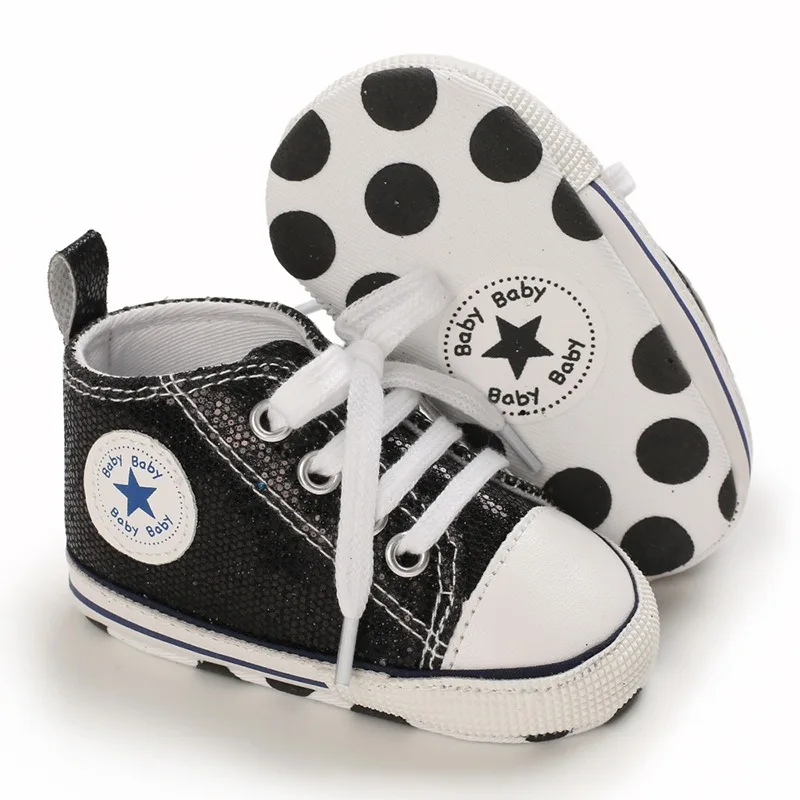 Yibubu Black Baby Shoes Bling Canvas Infant Baby Girls Shoes Lace-up Sneaker Soft Sole Anti-slip Toddler First Walkers 3
