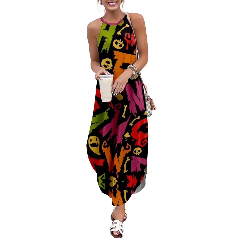 

Halloween Print Women Casual Short Sleeve Camisole Dress Long Double Pocket Beach Resort Woman Dress-
