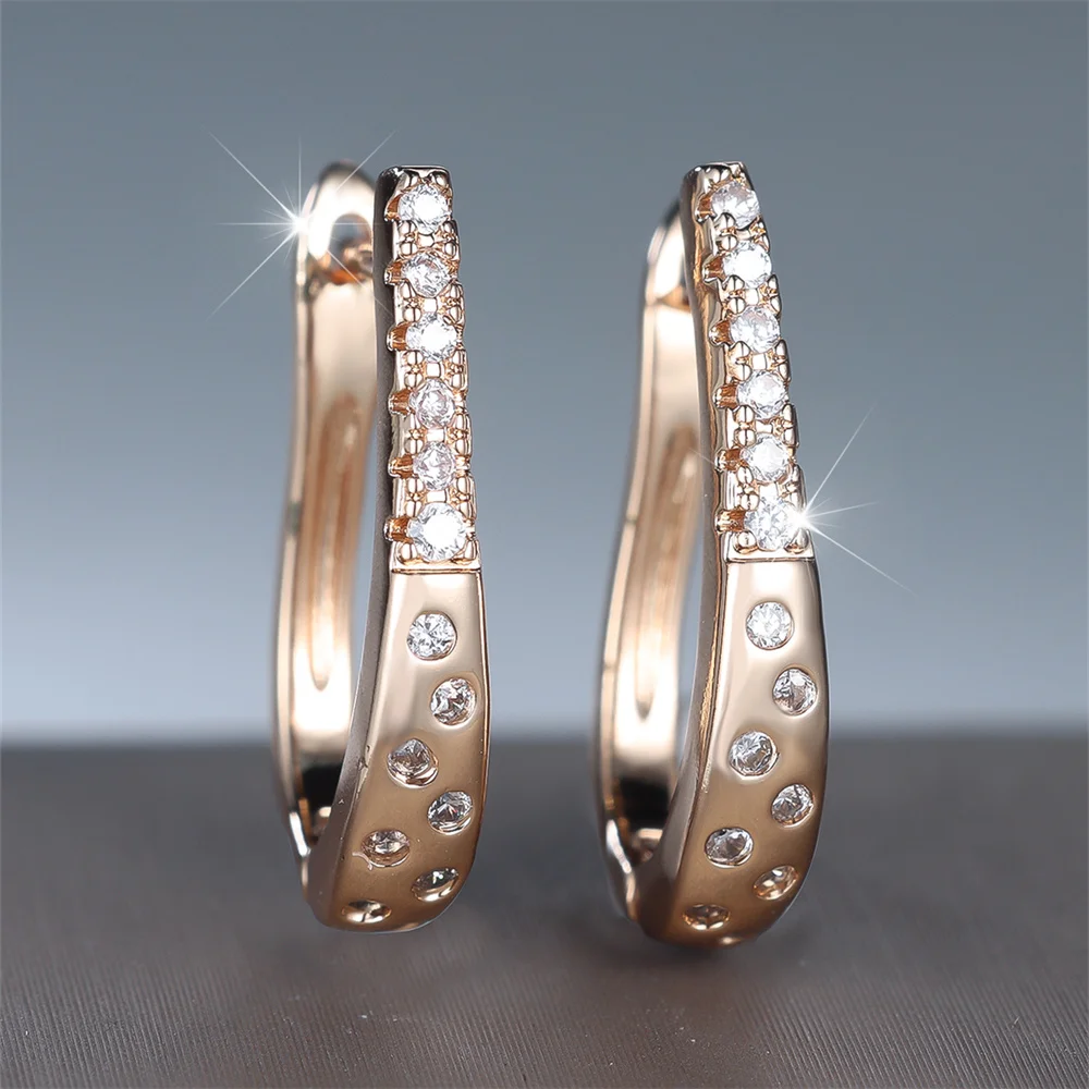 White Zircon Small Round Stone U Shape Hoop Earrings For Women Vintage Gold Color Ear Buckle Wedding Jewelry Engagement Gifts
