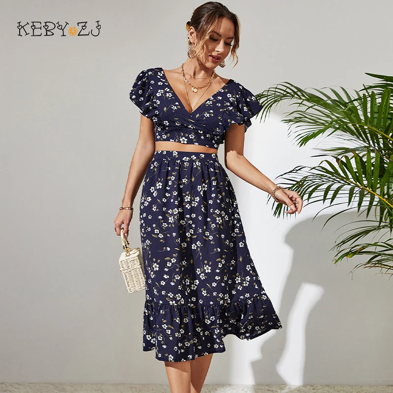 Elegant Dress Suit for Women Fashion 2022 Party Skirt Set Deep V Chiffon Sleeveless Floral Print Shirred Dress Mujer Robe Femme