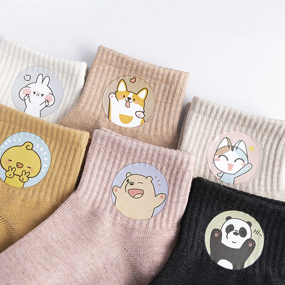 Cartoon Cute Women Socks 4Pairs Lovely Kawaii Animal Funny Solid Color Sweet Harajuku Cotton Fashion Ins Casual Ankle Socks Gift