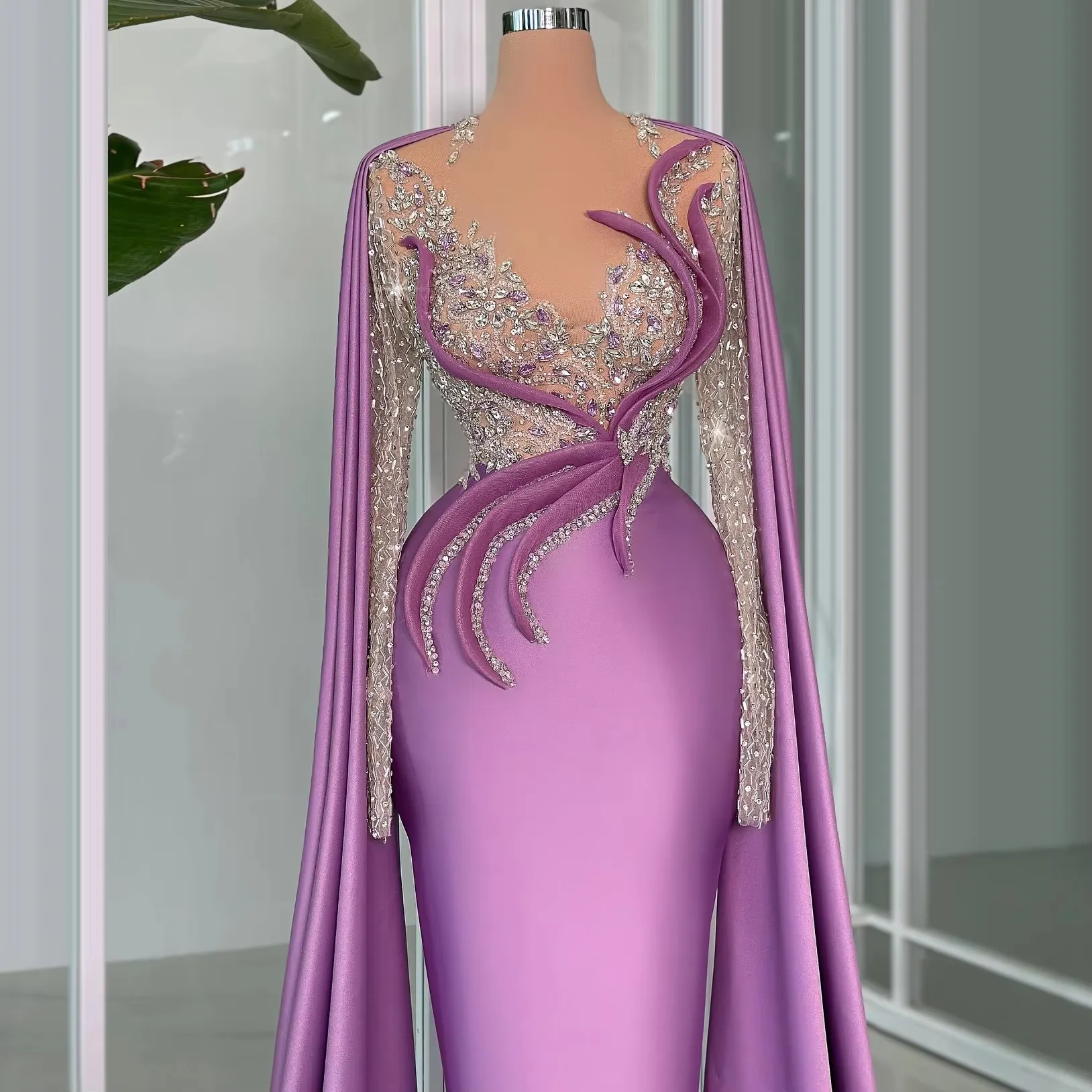 2026 Customized High-End Fashion Purple Satin Evening Gown Mermaid Long Sleeve Formal Occasion Crystal Women's V-Neck Dress 2