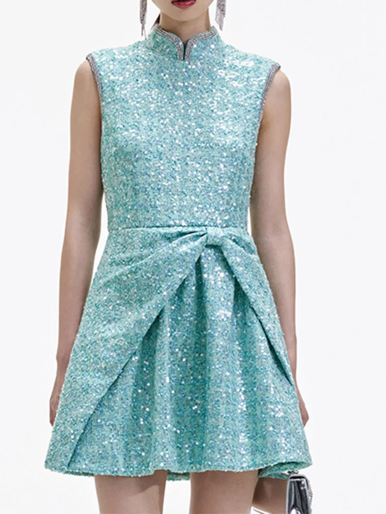 

Women Green Sequin Dress Rhinestone Trim Sleeveless Stand Collar Pleated Female 2024 Spring Summer Mini Robe